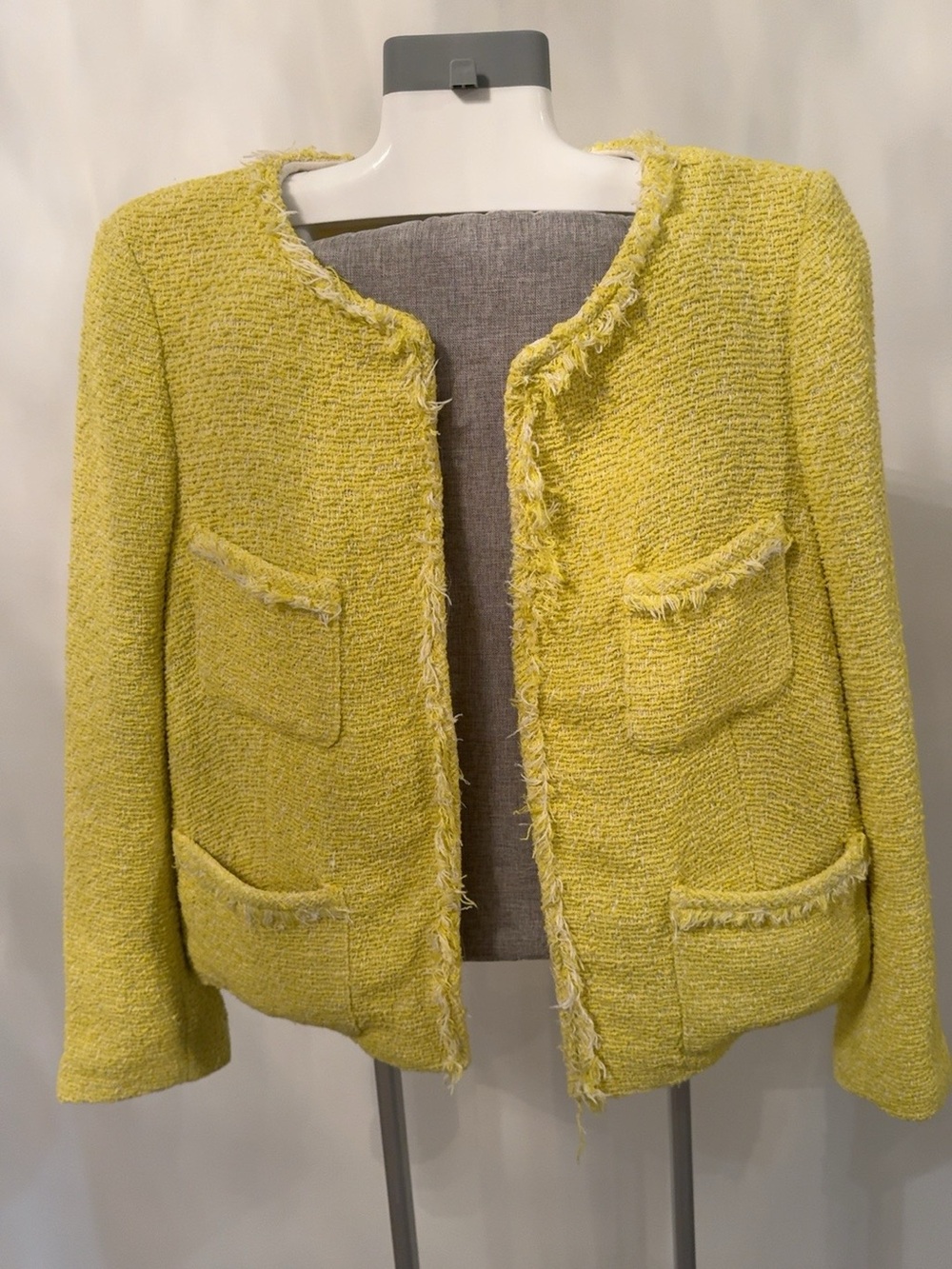 Zara Yellow Textured Fringe-Trim Tweed Jacket
